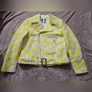 MSGM Yellow Cotton-blend Jacquard Moto Jacket, White Rose Pattern Size 44 US XL
